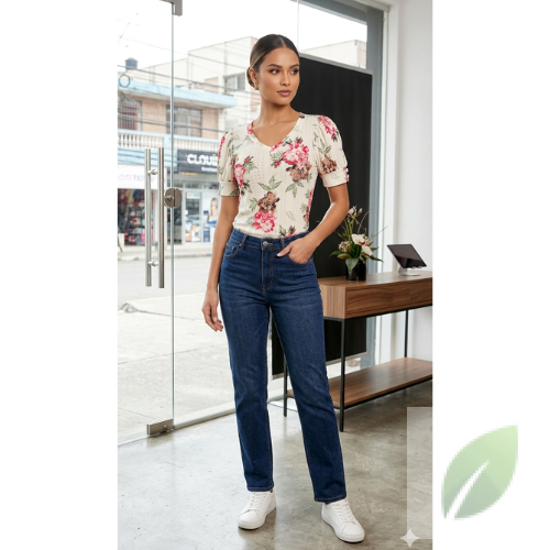 Blusa Floral con Cuello en V y Mangas Farol Talla S